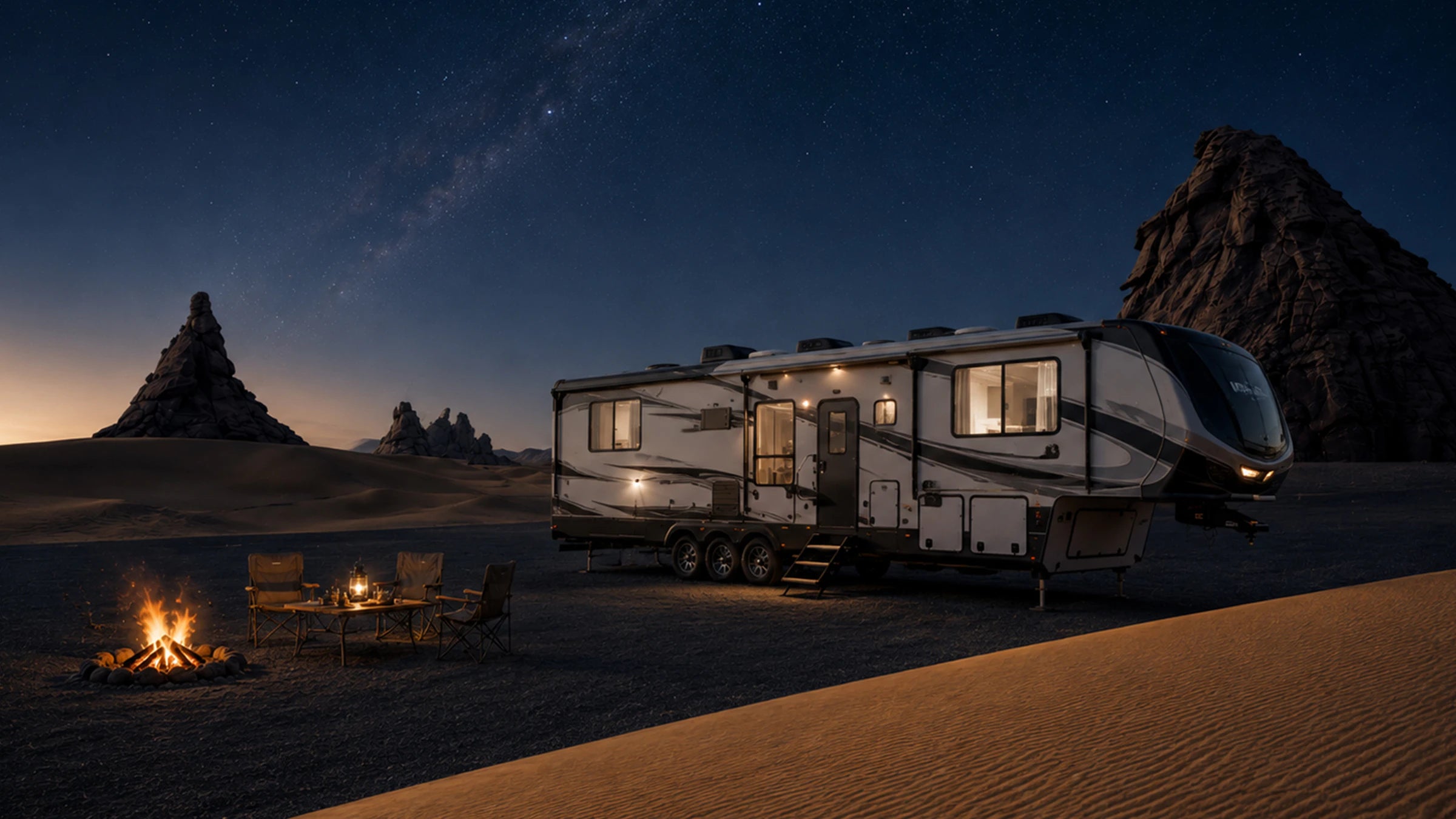 Travel trailer arriving on a mountain road in clear natural light