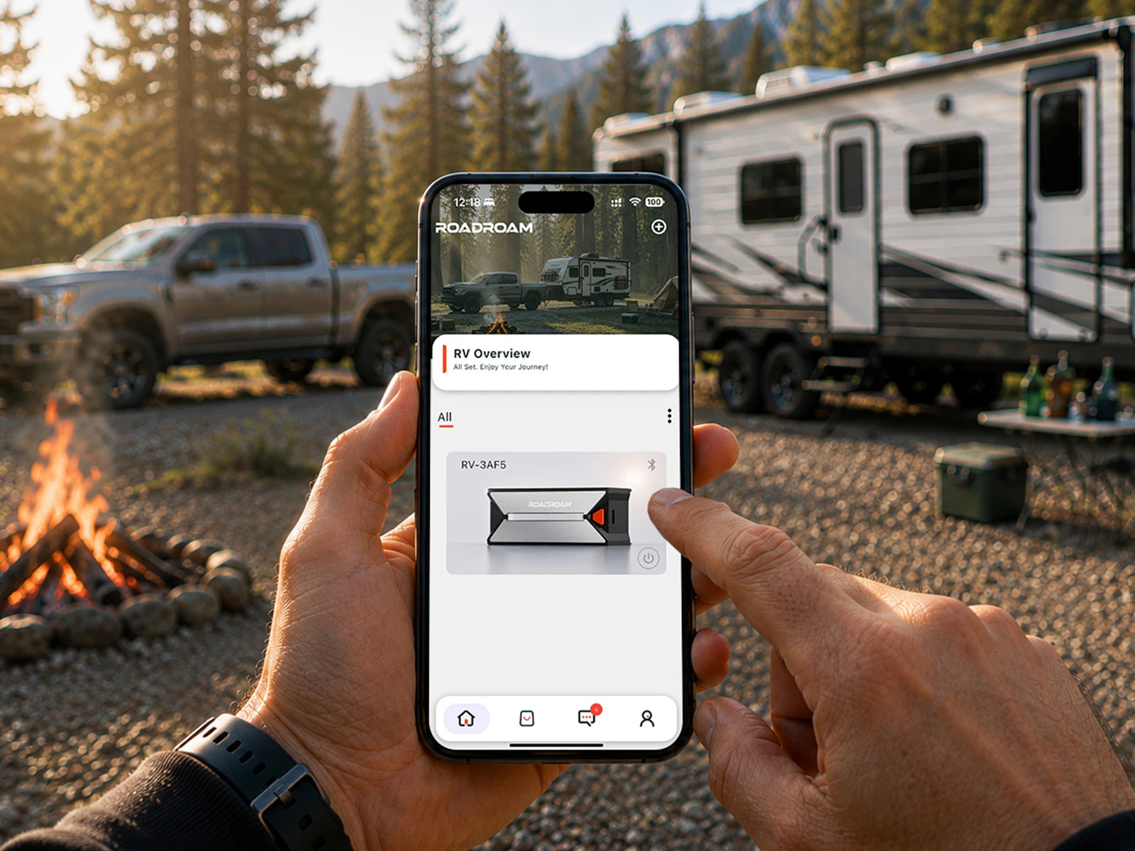 Phone connecting to ROADROAM at a campsite