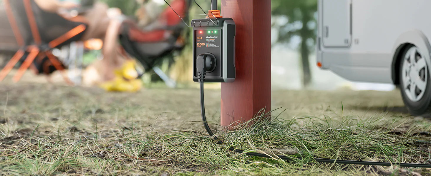 30-amp RV surge protector installed at a campsite