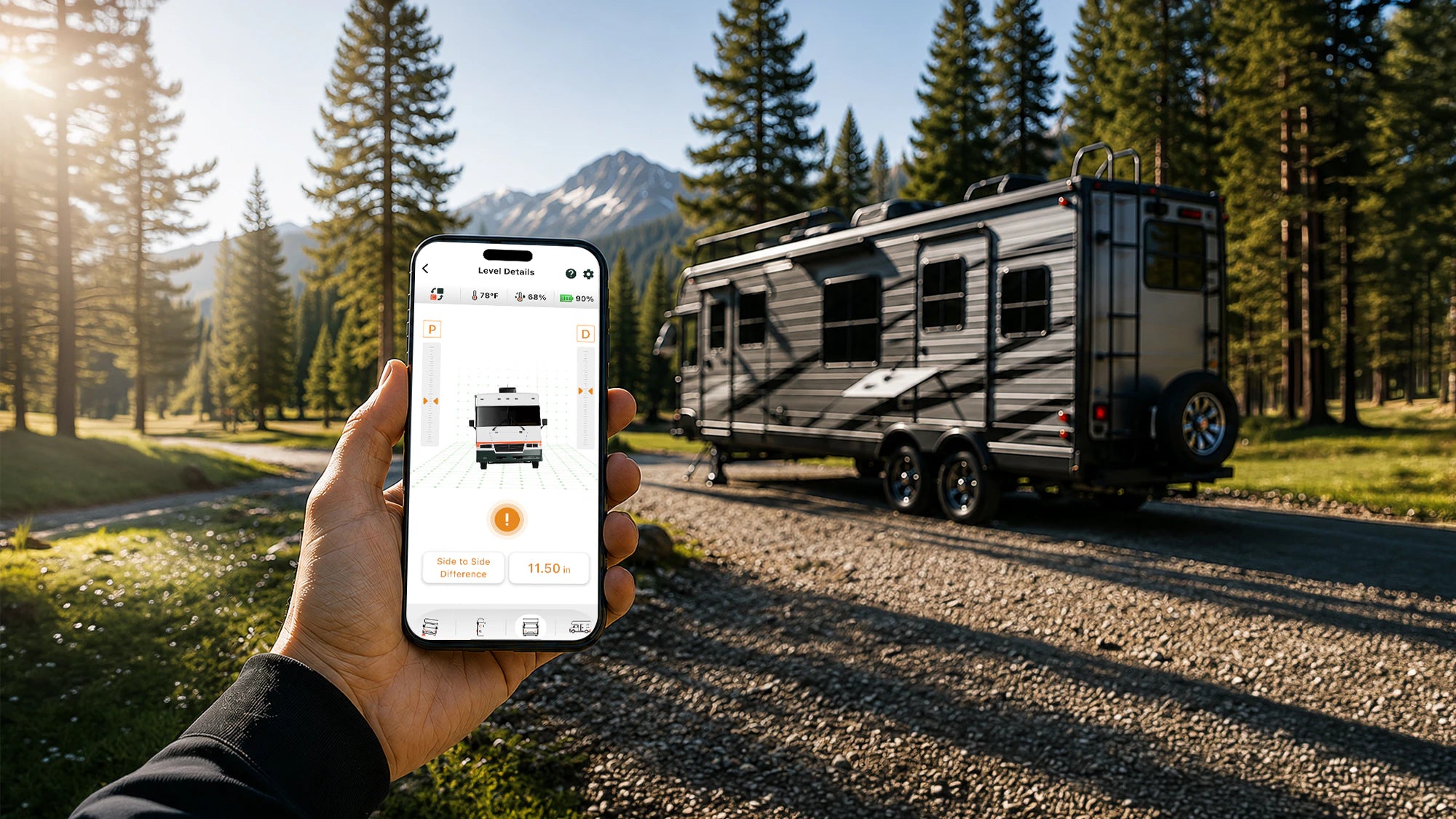ROADROAM app beside a travel trailer
