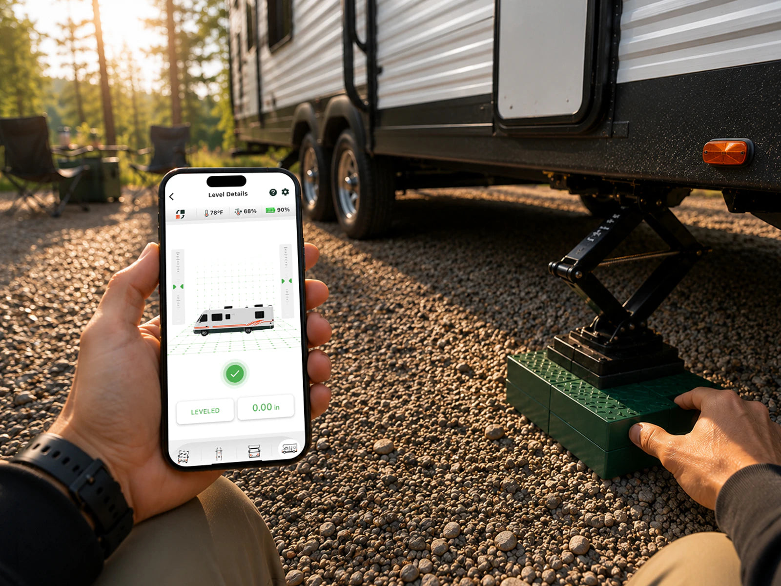 Solo RV leveling with phone guidance