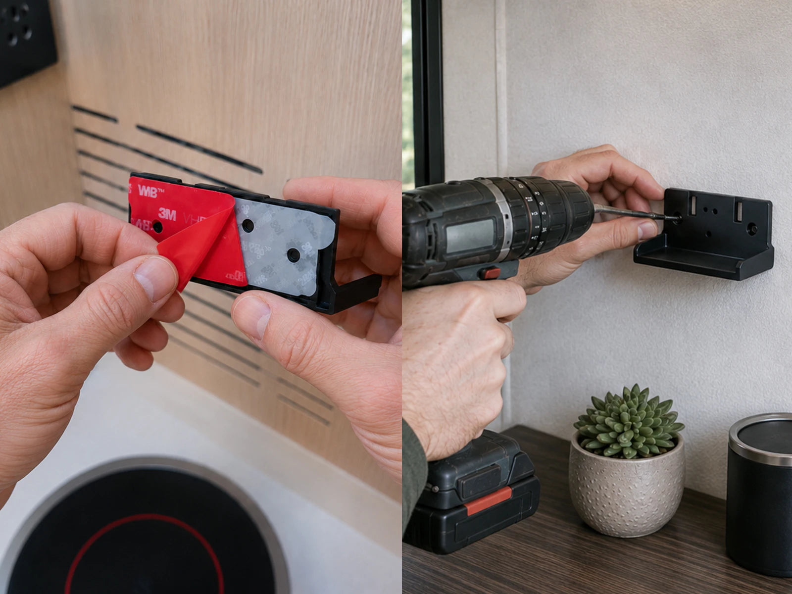 Adhesive and screw mounting options