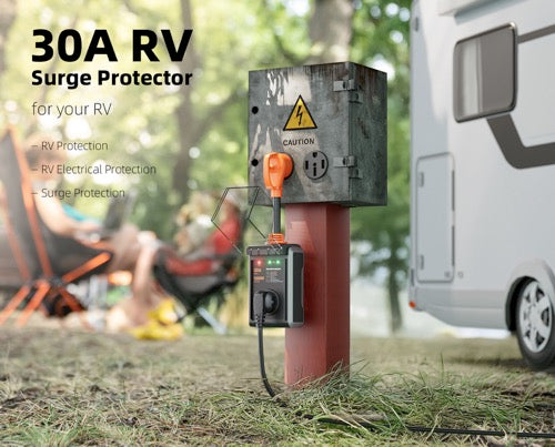 RV surge protector connected at a campsite power pedestal