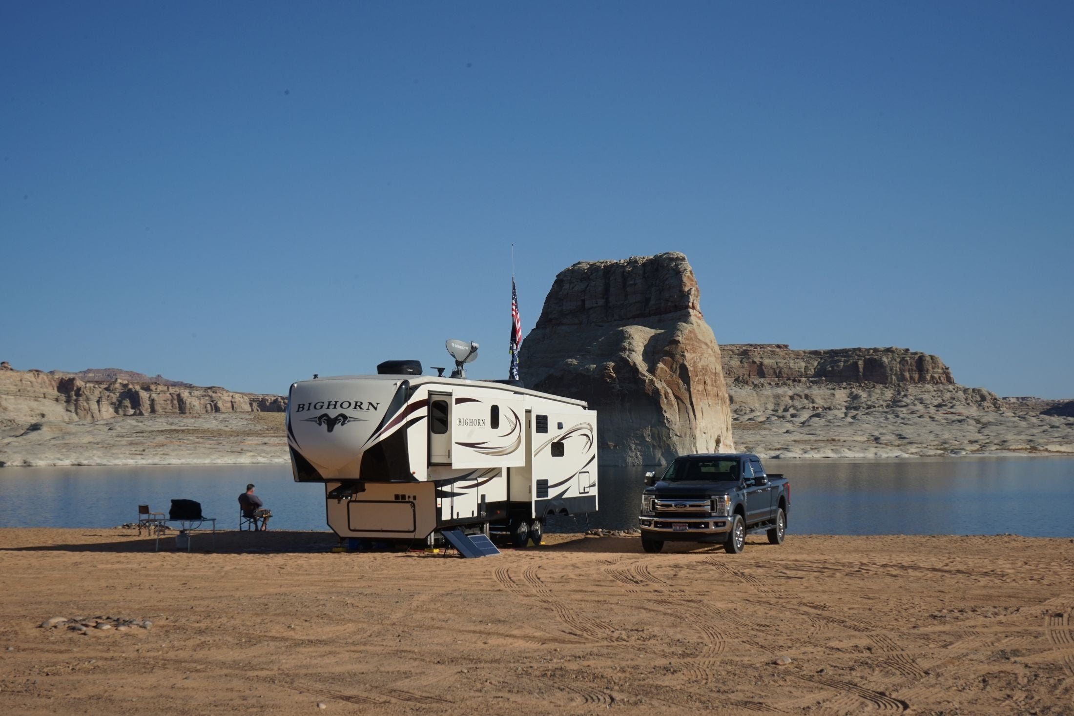An RV campsite beside the water with time left to enjoy the destination